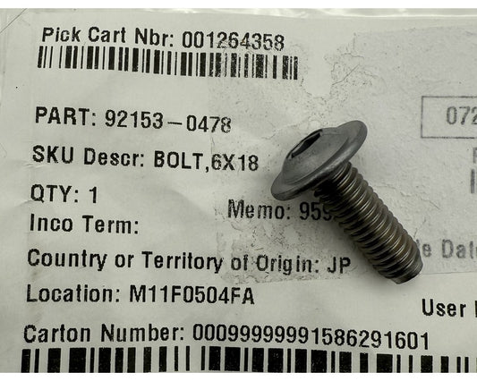Kawasaki OEM Bolt 6x18mm Factory Part 92153-0478