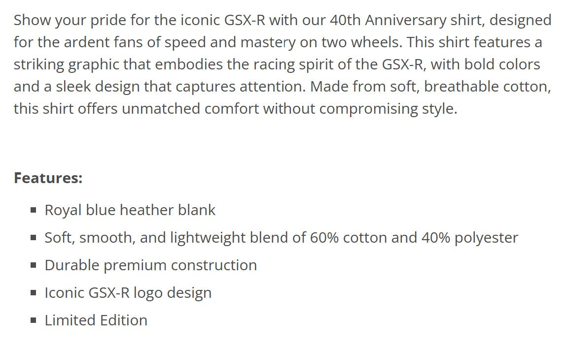 Suzuki GSX-R 40th Anniversary T-Shirt Limited Edition Blue