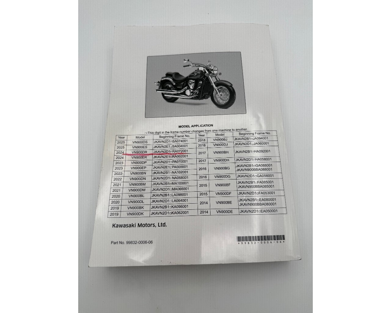 Kawasaki OEM Factory Service Manual - Used VN900 Vulcan 900 99832-0007-06-USED