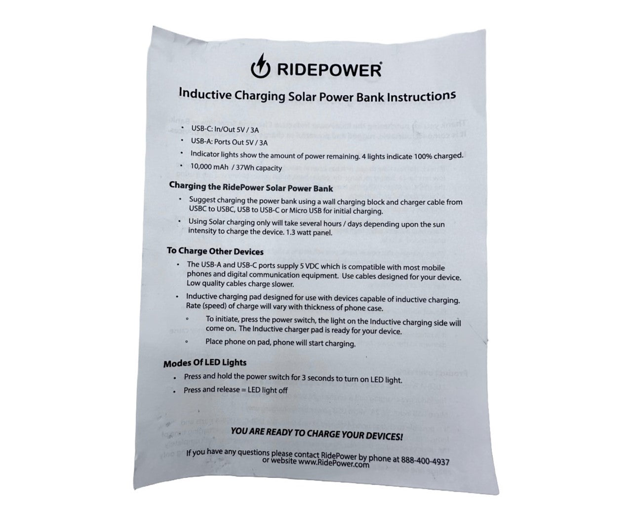 RidePower Wireless Solar Power Bank Charger Small/Light 2130-0368