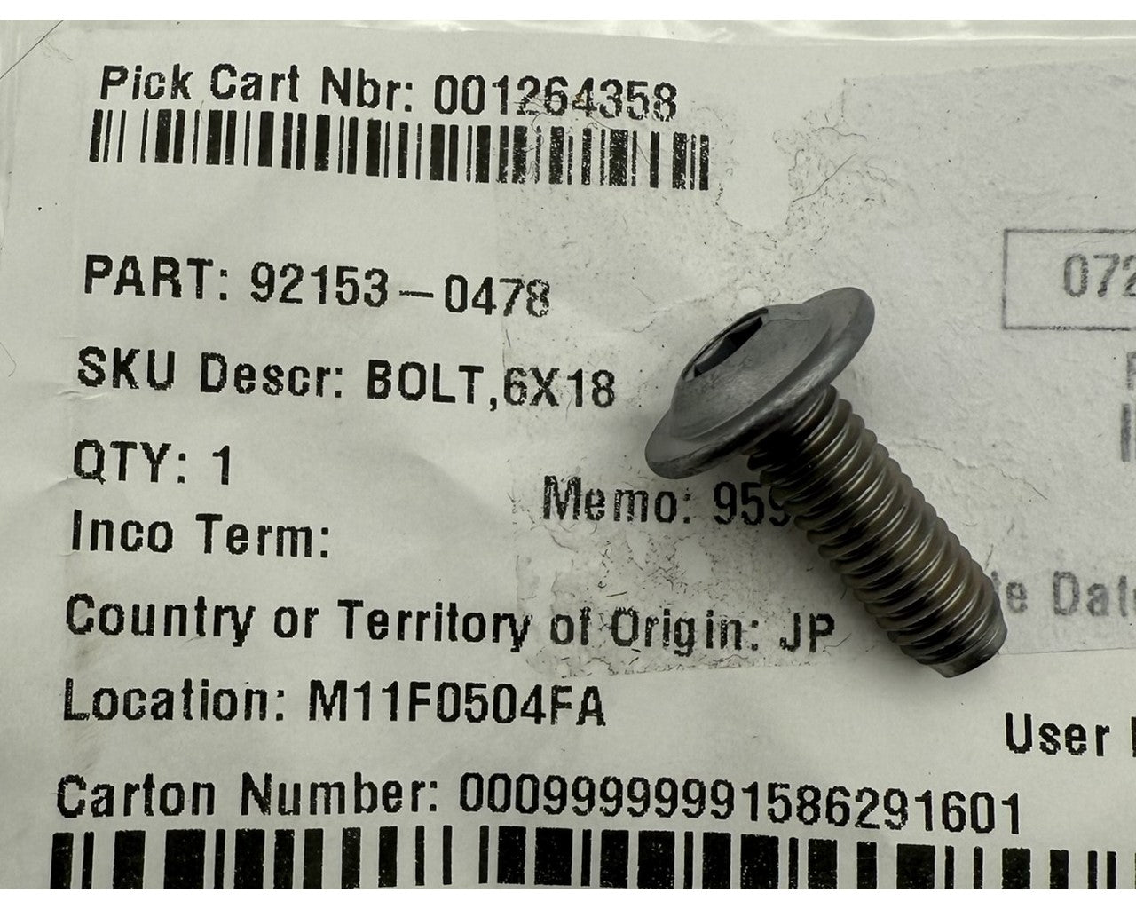 Kawasaki OEM Bolt 6x18mm Factory Part 92153-0478