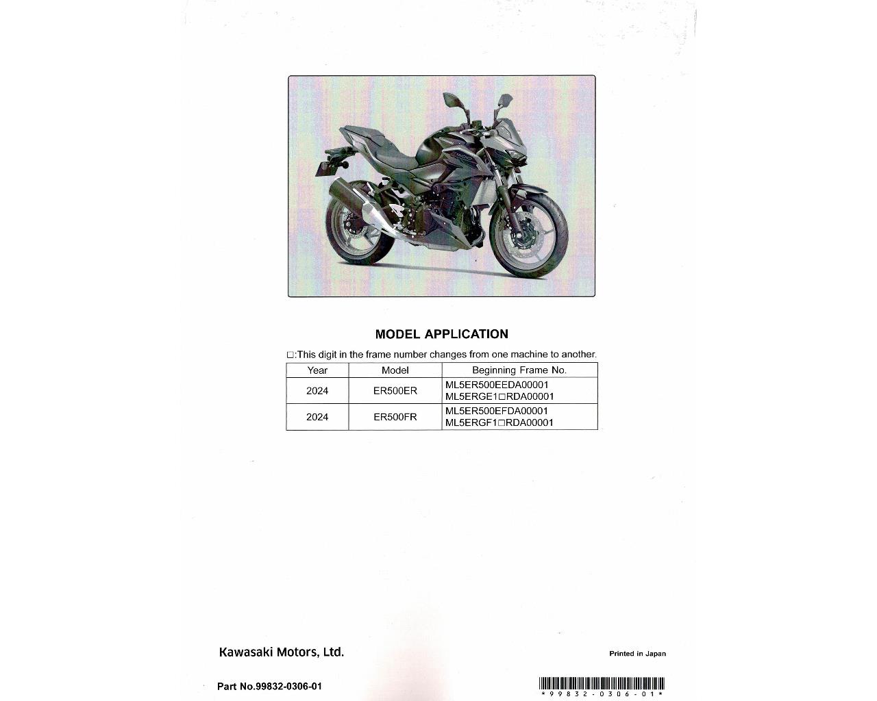 Kawasaki Factory Service Manual Z500 2024+ 99832-0306-01