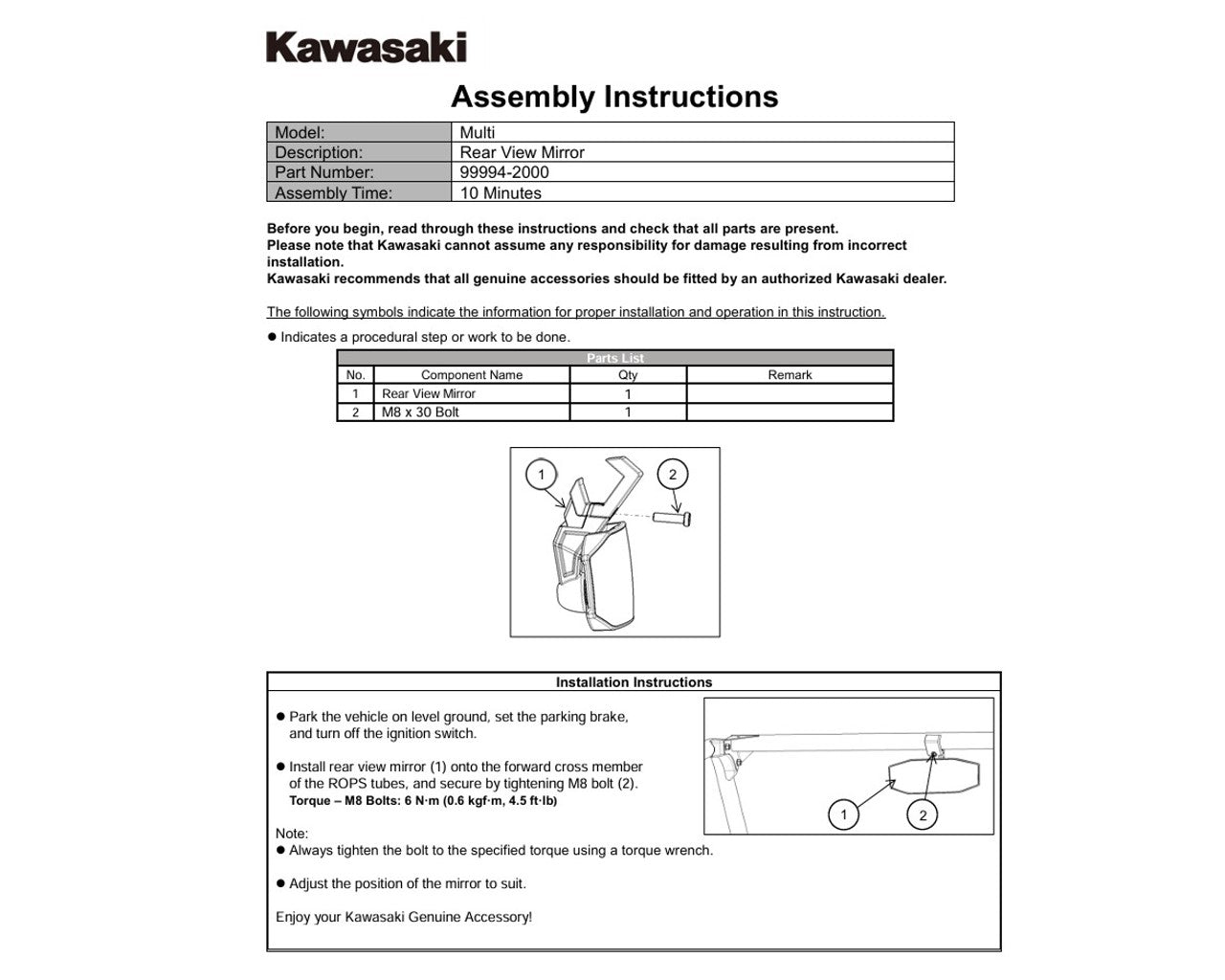 Kawasaki Rearview Mirror Mule Teryx  99994-2000