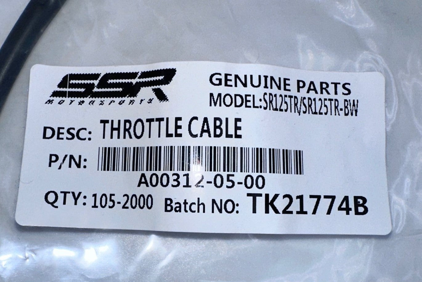 SSR Pitbikes OEM Replacement Throttle Cable SR125 A00312-05-00