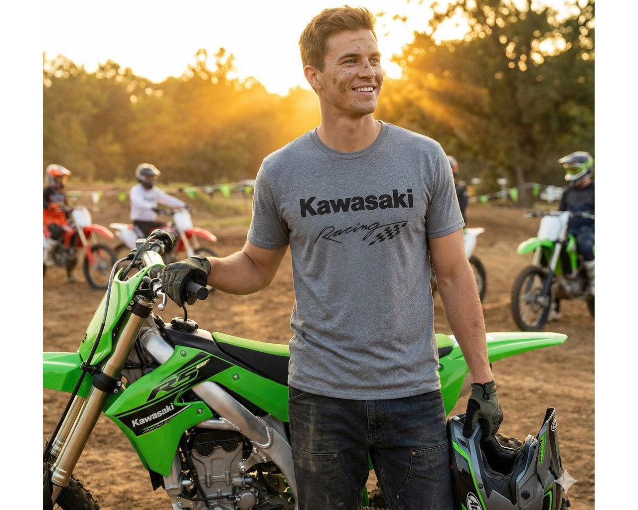 Kawasaki Racing Checkered Flag T-Shirt Grey 