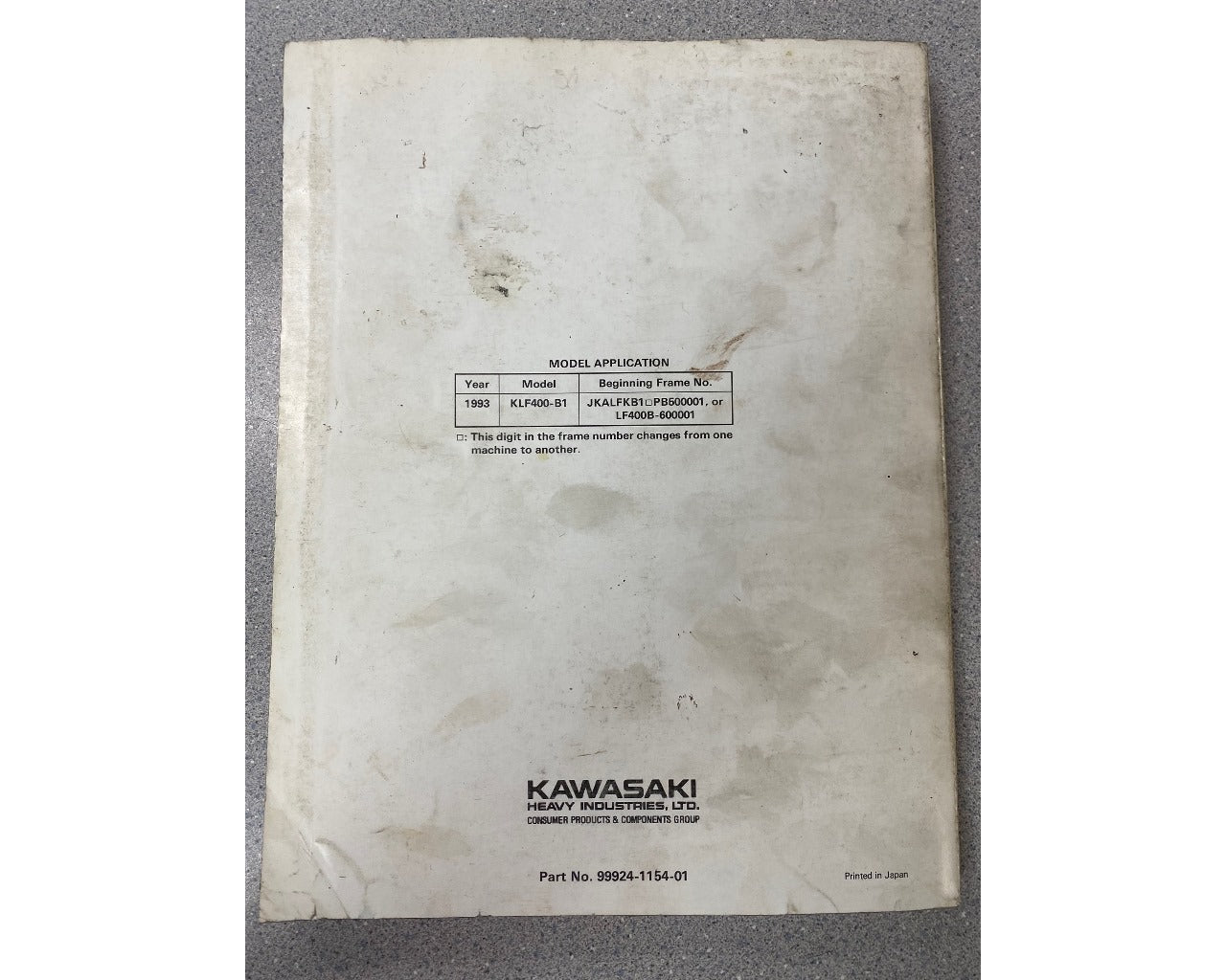 Kawasaki Factory Service Manual USED Bayou 400 4x4 KLF400B 99924-1154-06