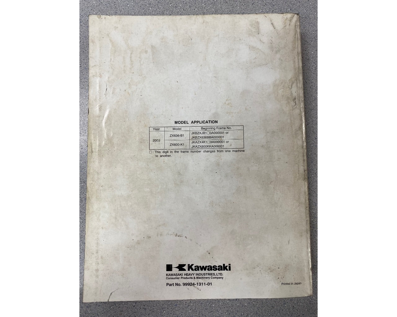 Kawasaki Factory Service Manual USED ZX600K ZX636B Ninja ZX6R ZX6RR 99924-1311-03