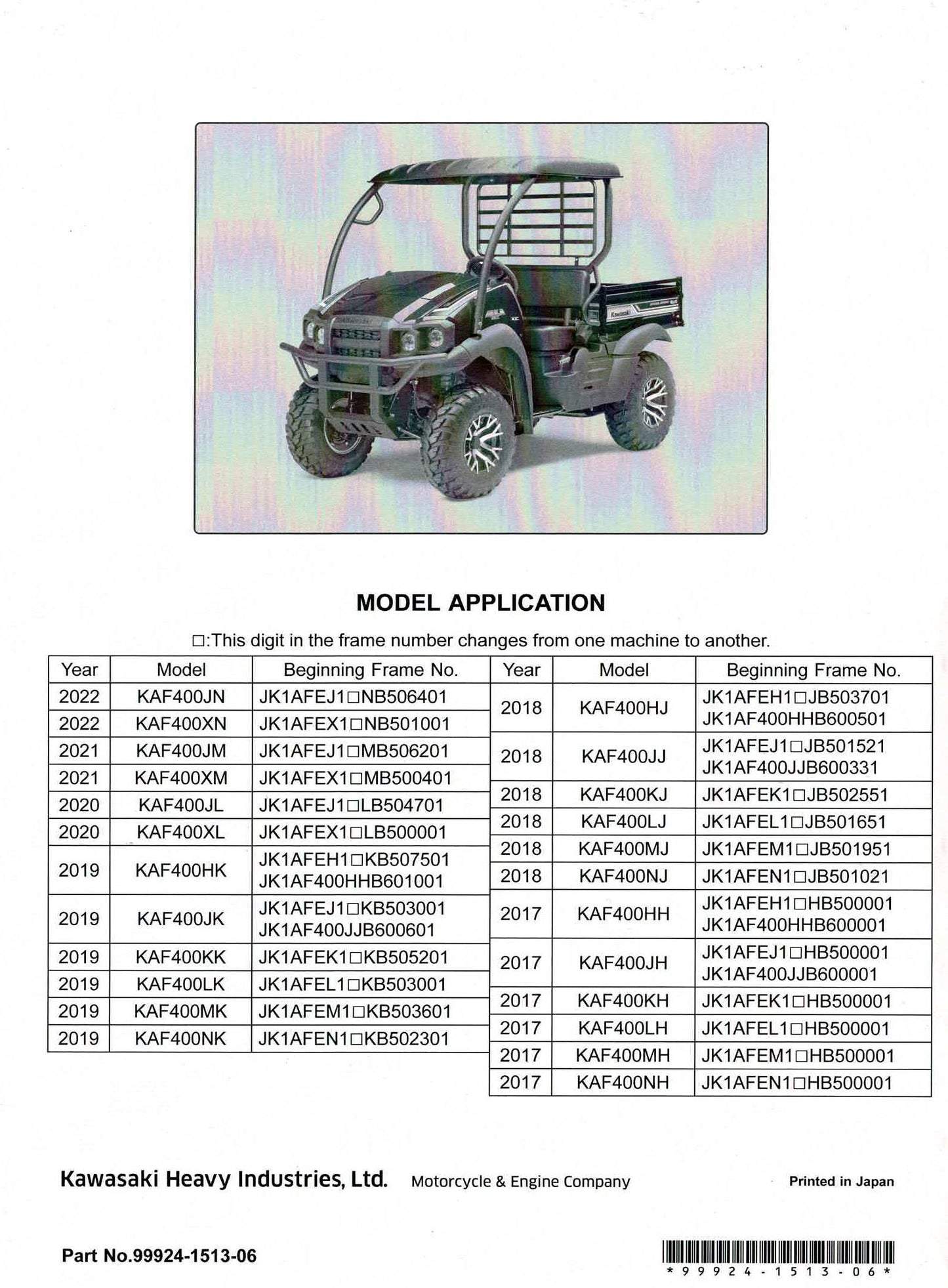 Kawasaki OEM Factory Service Manual Mule SX KAF 400 XC 99924-1513-06